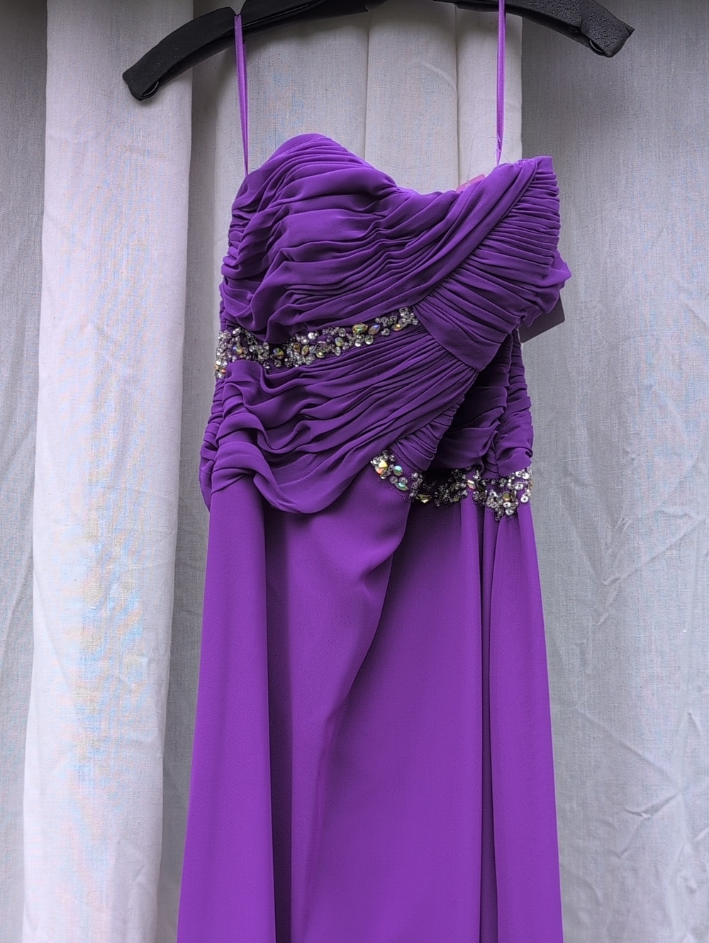 Purple Ruched Evening Dress with Beaded Waist